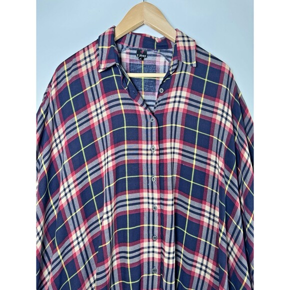 I Joah Womens Medium Oversized Plaid Ruffle Tunic Top Blue Red Poncho Boho Rayon - Picture 3 of 11